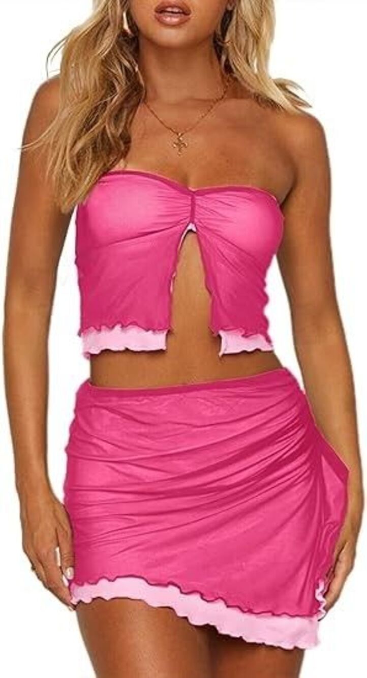 Hot Pink Two Piece Set Strapless Crop Top Ruched Mini Skirt Sexy Vacation Outfit